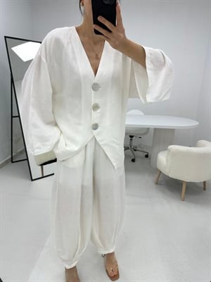 Düğme Detaylı Beyaz Keten Şalvar Model Takım 