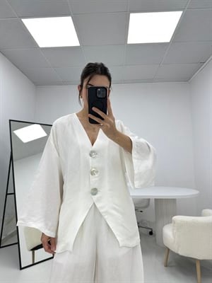 Düğme Detaylı Beyaz Keten Şalvar Model Takım 