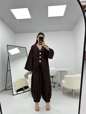 Düğme Detaylı Kahverengi Keten Şalvar Model Takım 