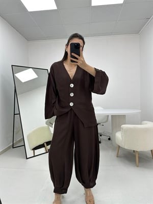 Düğme Detaylı Kahverengi Keten Şalvar Model Takım 