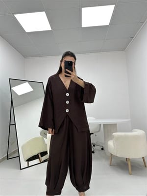 Düğme Detaylı Kahverengi Keten Şalvar Model Takım 