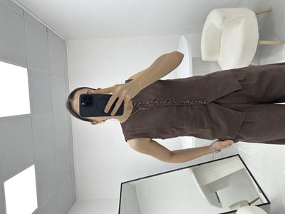 Düğme Detaylı Kahverengi Keten Yelek Takım 