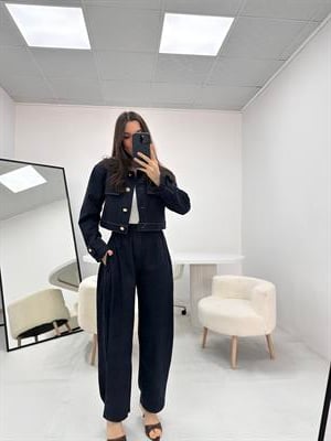 Düğme Detaylı Lacivert Kot Denim Ceket Pantolon Takım  