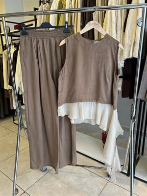 Fırfır Detaylı Bronz Bluz Pantolon Takım 