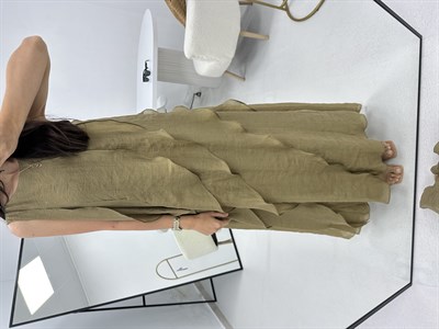 Fırfır Detaylı Olive Astarlı  Tül Elbise 