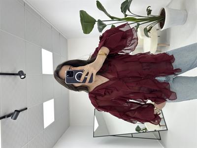 Fırfırlı Bordo Transparan Gömlek 