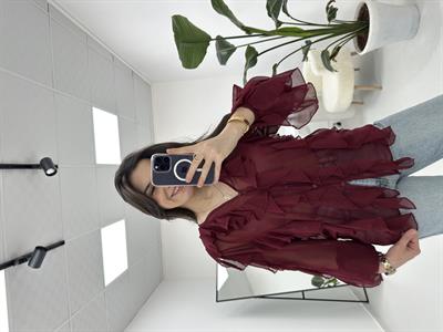 Fırfırlı Bordo Transparan Gömlek 