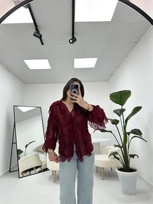 Fırfırlı Bordo Transparan Gömlek 