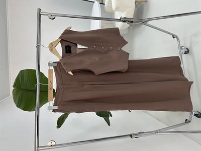 Fiyonk Düğme Detaylı Kahverengi Yelek Pantolon Takım