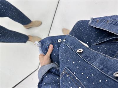 Full Taş Detaylı Denim Kot Mavi Takım 