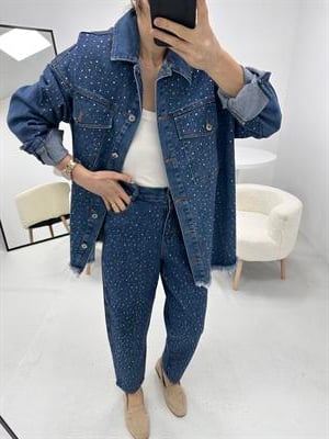 Full Taş Detaylı Denim Kot Mavi Takım 