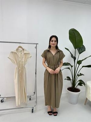Haki Geniş Yaka Oversize Elbise 