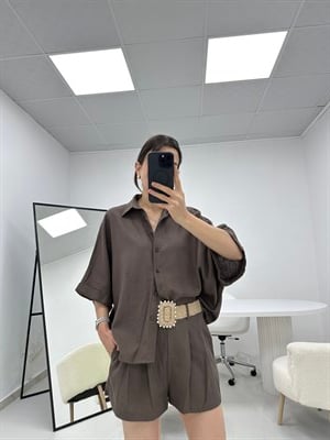 Hasır Kemer Detaylı Kahverengi  Keten Şortlu Takım 