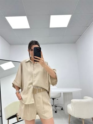 Hasır Kemer Detaylı Taş Keten Şortlu Takım 