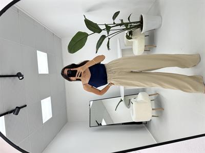 İpleri Askılı Lacivert Keten Dokulu Bluz 