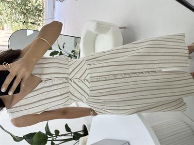 Kahverengi Çizgili Belden Oturma Detaylı Elbise 