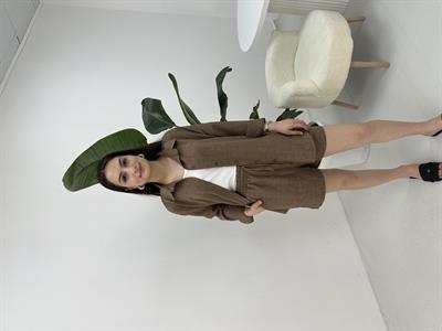 Kahverengi Keten Kumaş Şortlu Takım