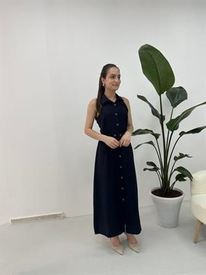Kemeri Lastik Detaylı Lacivert Kruvaze Elbise