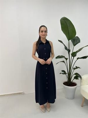 Kemeri Lastik Detaylı Lacivert Kruvaze Elbise