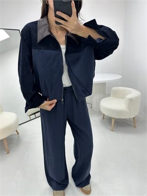 Kontrast Yaka Lacivert  Bomber Ceket Pantolon Takım 