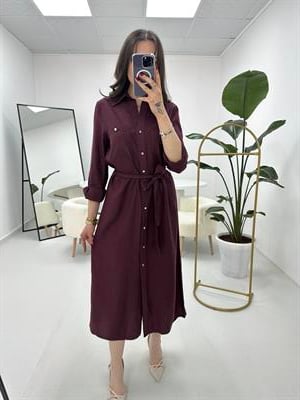 Kuşaklı Düğme Detaylı Bordo Elbise