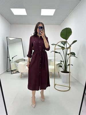 Kuşaklı Düğme Detaylı Bordo Elbise