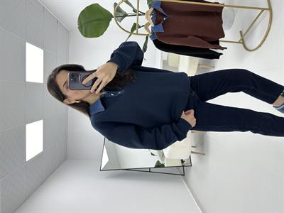 Lacivert Yakası Kot Detaylı Şardonlu Sweatshirt
