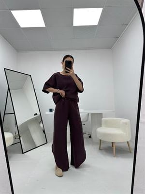 Oval Kesim Paça Detaylı Mürdüm Takım 