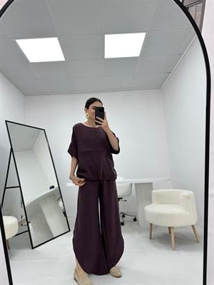 Oval Kesim Paça Detaylı Mürdüm Takım 