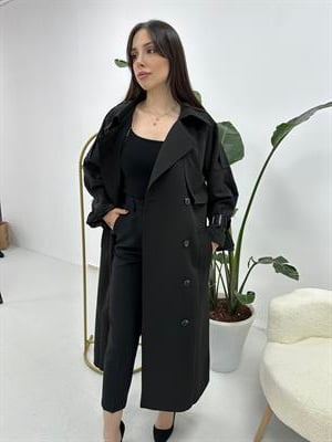 Premium Kalite Düğme Detaylı Siyah Trençkot