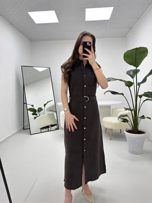 Premium Kalite Kemerli Kahverengi Elbise 