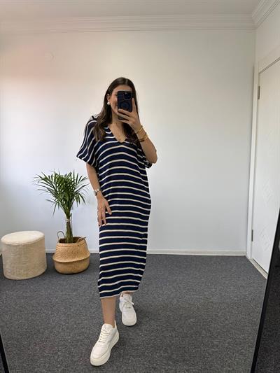 Premium Lacivert Bej Çizgili Gömlek Yaka Triko Midi Elbise