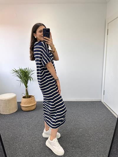 Premium Lacivert Bej Çizgili Gömlek Yaka Triko Midi Elbise