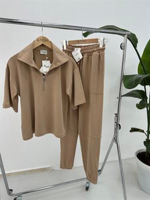 Premium Modal Kumaş Yarım Fermuarlı Camel Takım