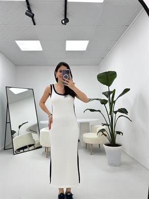 Şerit Detaylı Modal Kumaş Beyaz Elbise