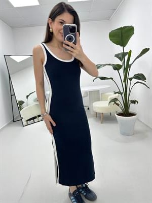 Şerit Detaylı Modal Kumaş Lacivert Elbise