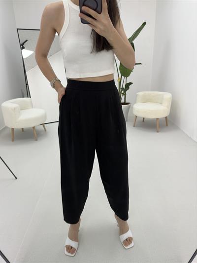 Siyah Beli Lastikli Pilili Pantolon