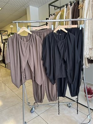 Siyah Keten Bluz Pantolon Takım 