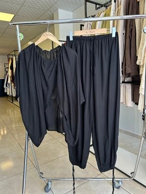 Siyah Keten Bluz Pantolon Takım 