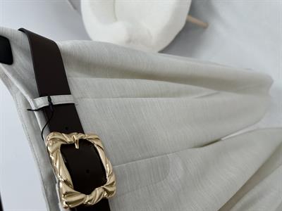 Toka Detaylı Kemerli Açık Bej Kumaş Pantolon 