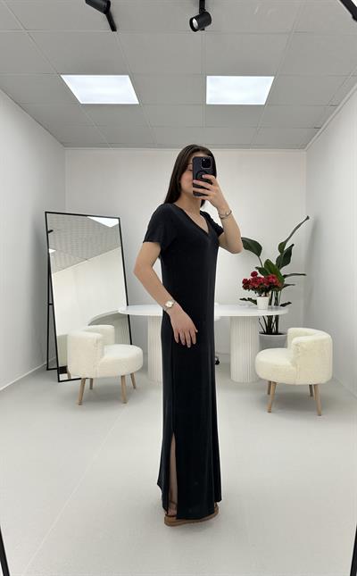 V Yaka Modal Elbise Uzun Antrasit