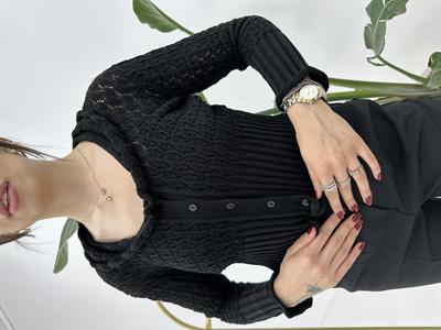 Yaka Detaylı Düğmeli Siyah  Hırka 