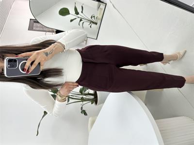 Yüksek Bel Bordo Kumaş Pantolon