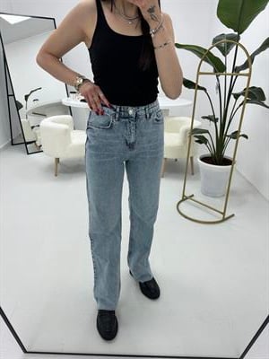 Yüksek Bel Paçası Kesik Açık Mavi Jean 