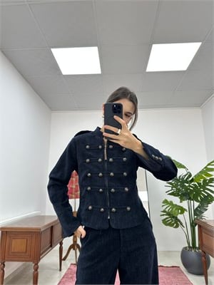 Yuvarlak Düğme Detaylı Şönil Kumaş Lacivert  Ceket Pantolon Takım