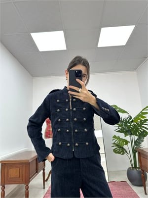 Yuvarlak Düğme Detaylı Şönil Kumaş Lacivert  Ceket Pantolon Takım