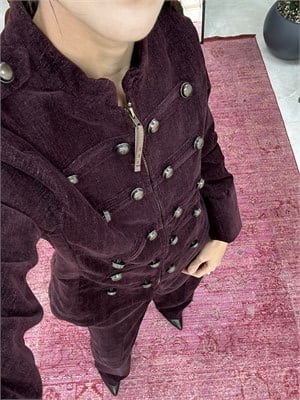 Yuvarlak Düğme Detaylı Şönil Kumaş Mürdüm  Ceket Pantolon Takım