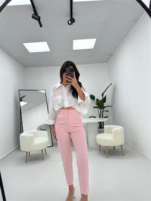 Zra Flato Yüksek Bel Premium Seri Kumaş Pantolon  Pembe