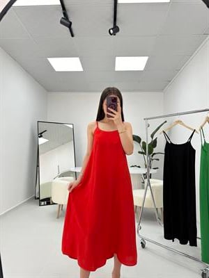  Askılı Saten Elbise Kırmızı