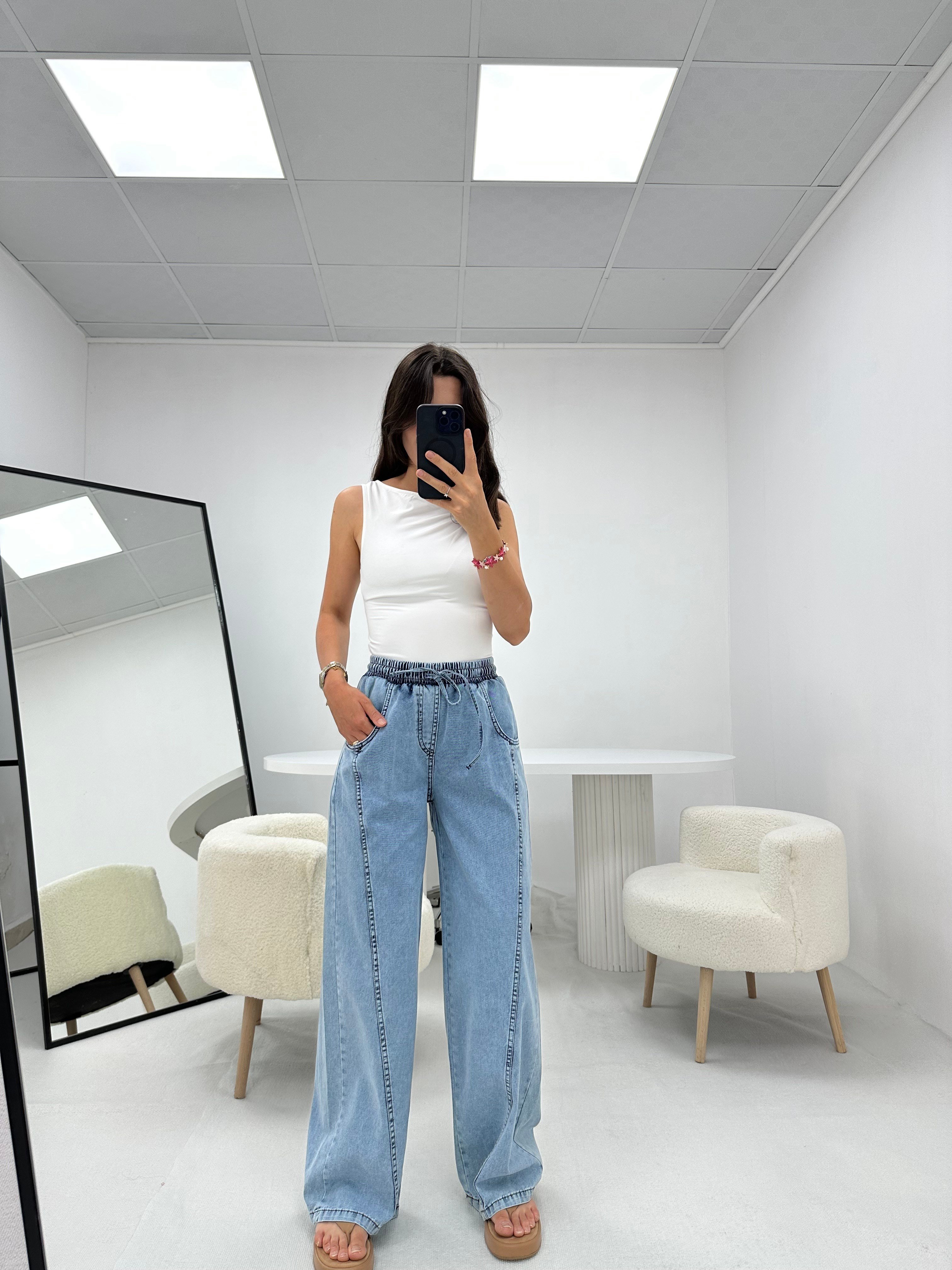 Bağcıklı Mavi Denim Pantolon 